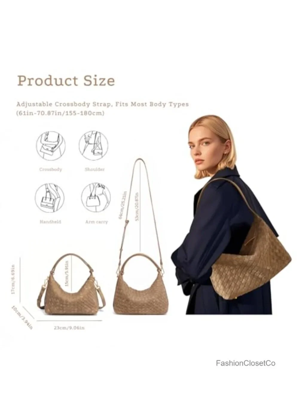 Woven Faux Suede Hobo Bag with 4-Way Convertible Strap